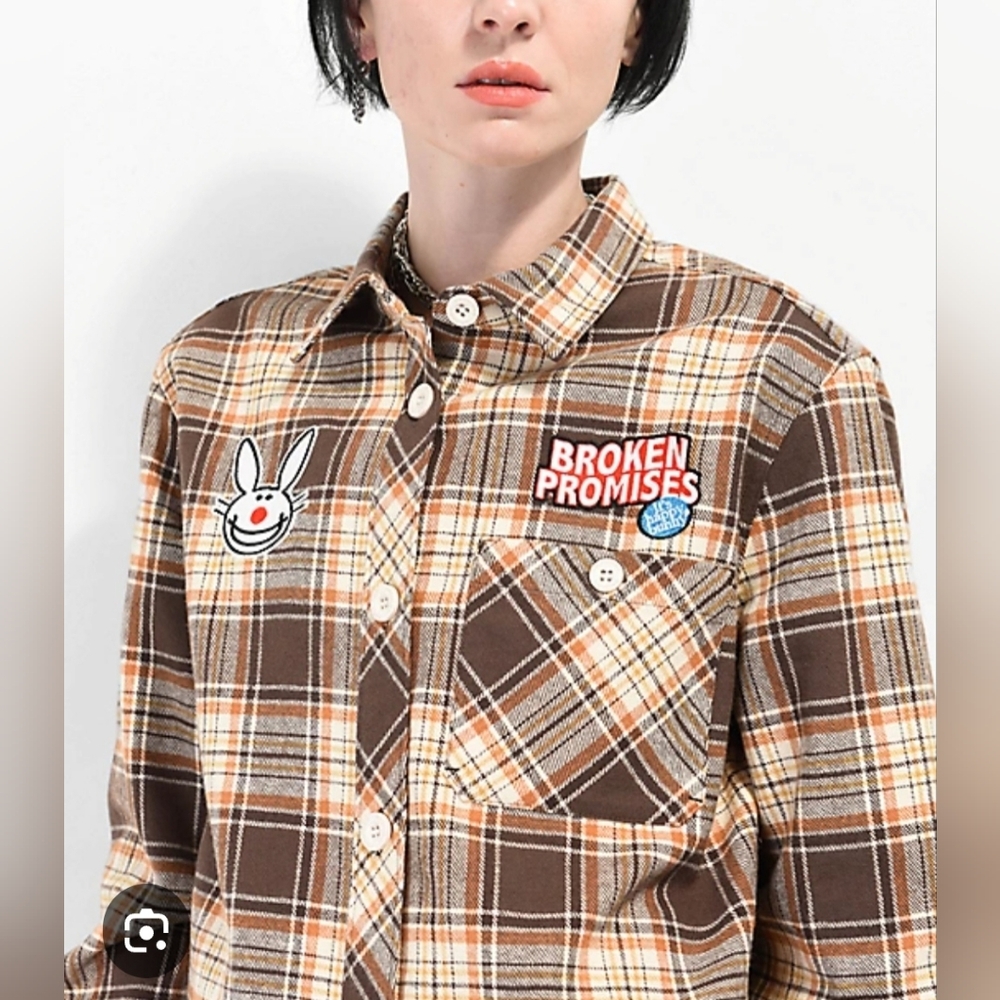 Broken Promises‎ x Happy Bunny Graffiti Brown Flannel Shirt. Size M.